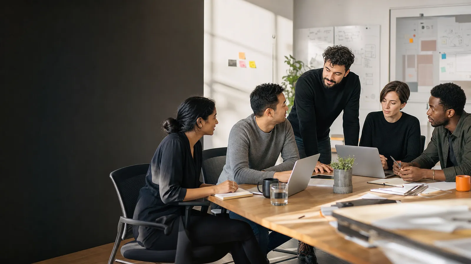 A small startup team collaborating in a bright workspace.